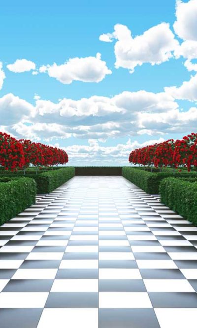 Maze garden 3d render illustration. Chess, golden flamingo, trees with red flowers and clouds in the sky.